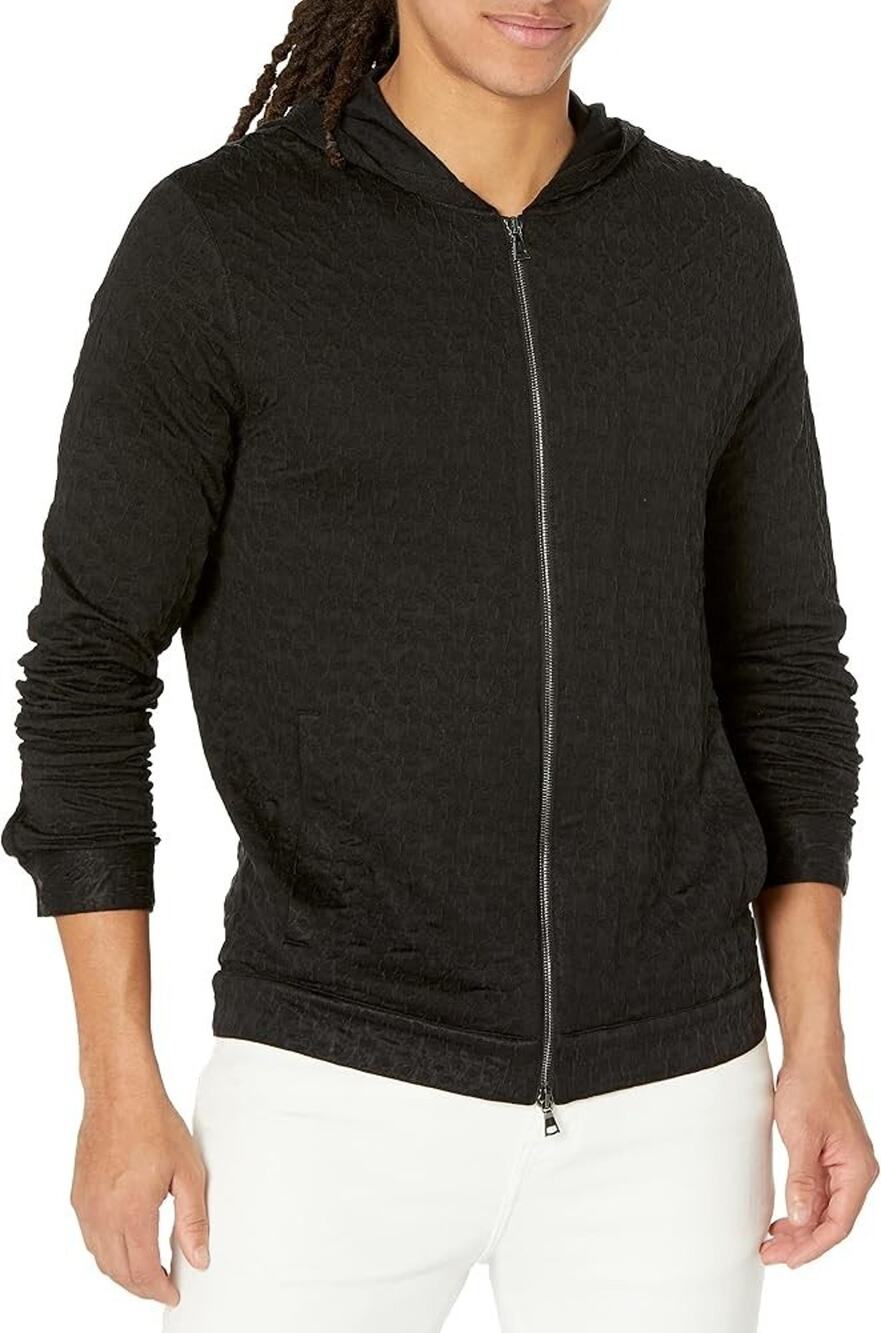 John Varvatos Shubert Textured Black Zip Front Hoodie Jacket Medium